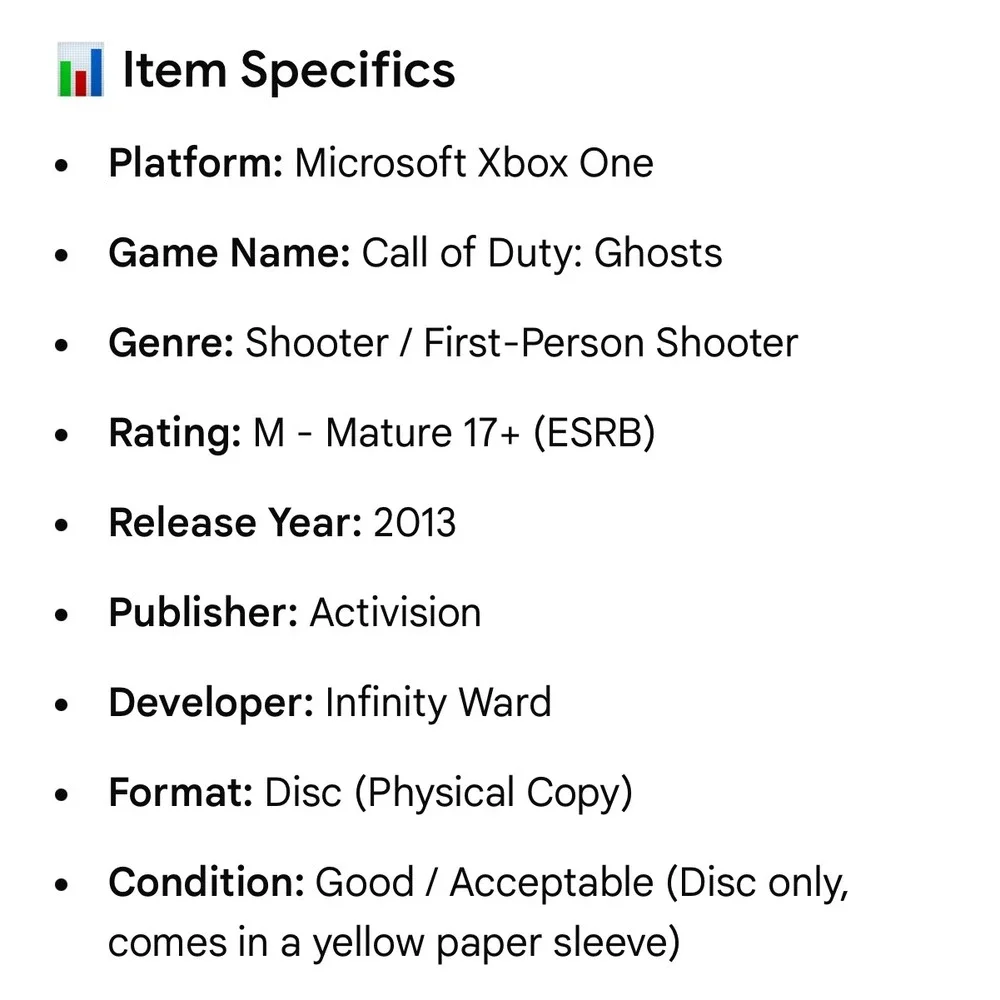 Call of Duty Ghosts‎ Microsoft Xbox One 2013 Activision FPS Video Game Disc Only